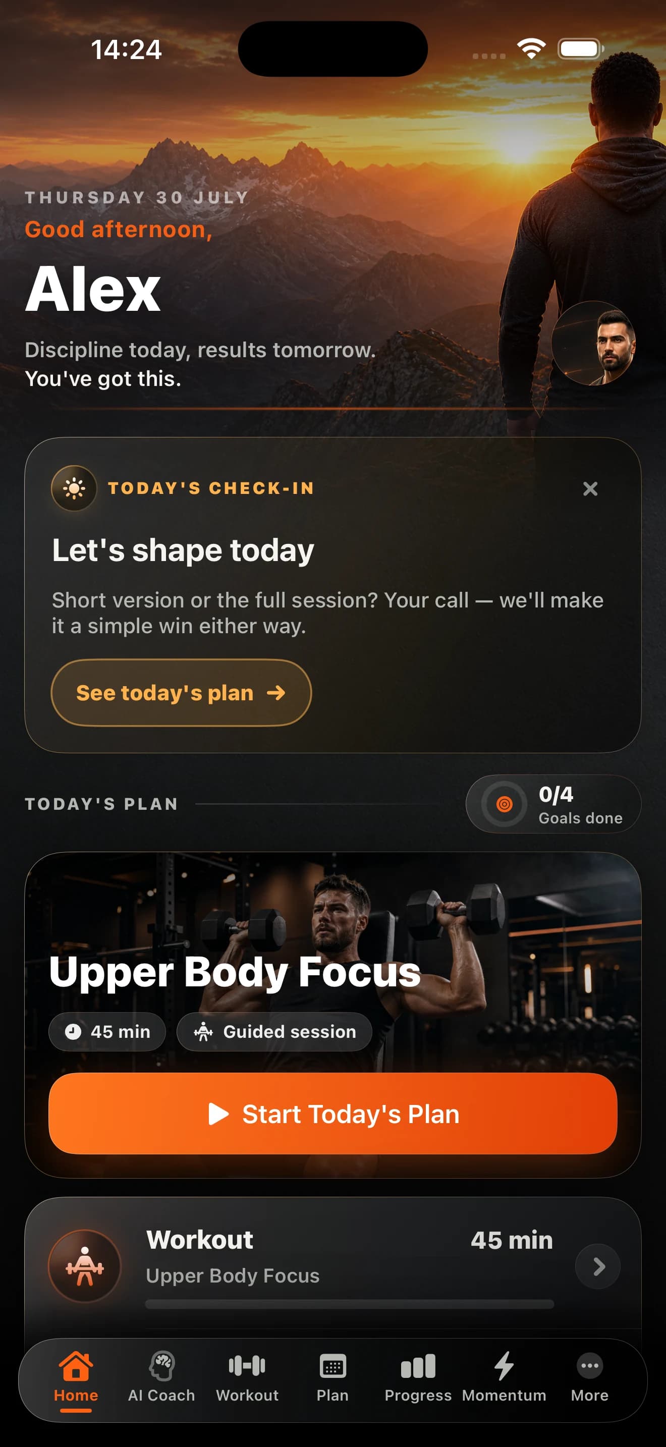 PrimeFormAI iPhone dashboard showing an adaptive daily training plan